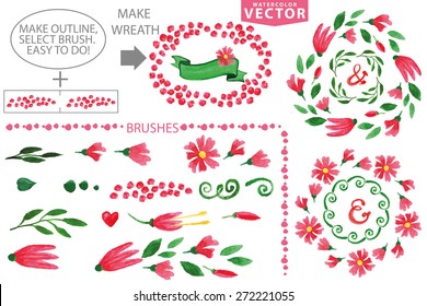 Watercolor brushes ,wreaths and laurels. Hand painted red flowers,green leaves,petal decor elements.For design template,invitation.Holiday Vector,wedding,spring,summer set