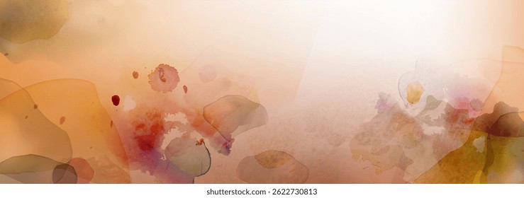 Watercolor brushstrokes background - colorful wet paint stains, fluid artistic splashes overlay and soft pastel colors blending. Pale orange and beige blobs, dreamy abstract painting wallpaper bg.