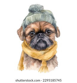 Watercolor Brussels Griffon Puppy With Cotton Hat, and Scarf