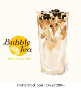 Watercolor bubble milk tea with caramel, Hand drawn isolated summer drink Tapioca pearl milk tea on white background. Artistic vector illustration. 