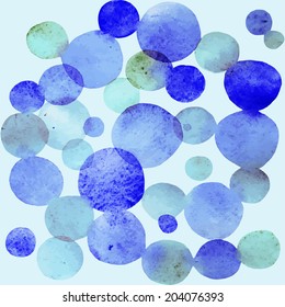 Watercolor bubbles seamless pattern. Watercolor round shapes. Ultramarine and blue colors. Geometric hand painted ornament. Vector format.