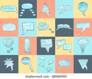 Watercolor bubbles set. Design elements for text, thoughts, complaints and other decorations. Vector illustration.
