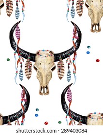 Watercolor Buffalo Skull, Feather, Ribbon & Bead seamless pattern on white background. Watercolor Boho Style texture. Cloth design. Brown, Grey, Pink, Black & White vector backdrop.