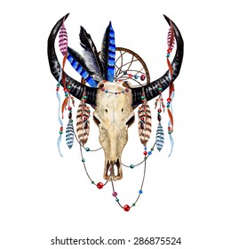 Watercolor Buffalo Skull, Feathers, Dream catcher & Beaded Ribbons, isolated on white background. Boho style. Vector Element for your design. Hand drawn illustration.