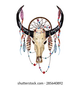 Watercolor Buffalo Skull, Feathers, Dreamcatcher & Beaded Ribbons, isolated on white background. Boho style. Vector Element for your design. Hand drawn illustration. 