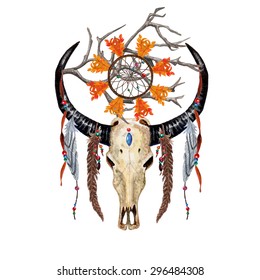 Watercolor Buffalo Skull, Feathers, Dreamcatcher, Beaded Ribbons & Holy Tree branch, isolated on white background. Boho style. Vector Element for your design. Hand drawn illustration.