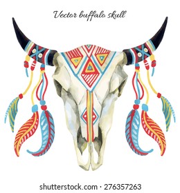 watercolor buffalo skull, hand painted vector illustration