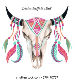 watercolor buffalo skull, hand painted vector illustration