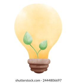 watercolor bulb with plant illustration, Earth Day Hand drawing