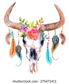 Watercolor bull skull and flowers   feathers  Vector