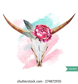 watercolor bull's head with flowers and feathers peony-style bo-ho