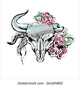 Watercolor bull's head with flowers and feathers