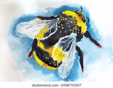 Aquarell Hummel Flying Blue Himmel Hand Gemalte Sommer-Illustration auf weißem und blauem Hintergrund. Kinderzeichnung, Kinder Kunst. Poster, Druck, Malerei. Nettes Porträt. Aquarell Illustration Kinder