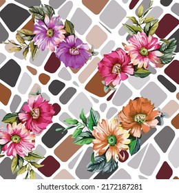 Watercolor bunch roses pattern on checkered diagonal background textile print