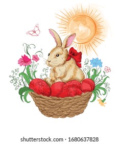 Watercolor bunny in a basket with red easter eggs. Flowers and sun shining on background