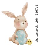 Watercolor bunny holding Easter egg with little chick on white background.Vector cute animal cartoon handrawn for Easter greeting cards,kids illustration,spring decoration, holiday design