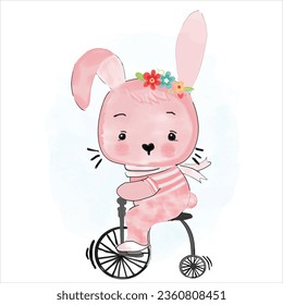 Watercolor bunny on cycle vector illustration