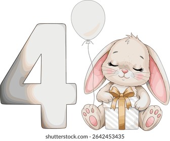 Watercolor bunny sitting with gift box with, white balloon and big number Four behind for Birthday invitations or monthly milestone cards. Drawing of cute Rabbit in beige pastel colors for Baby design