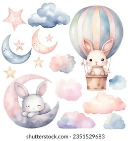 Watercolor bunny, sleeping rabbit. Set of vector hand drawn nursery elements, clouds, moon, stars, wall stickers.