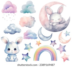 Watercolor bunny, sleeping rabbit. Set of vector hand drawn nursery elements rainbow moon, stars, wall stickers.