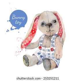 Watercolor bunny toy. Vector illustration for greeting card