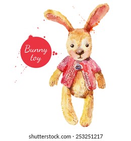 Watercolor bunny toy. Vector illustration for greeting card