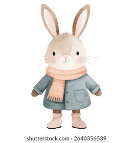 Watercolor bunny in warm winter clothes. Hand painted rabbit illustration on white background
