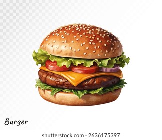 Watercolor burger with cheese, lettuce, tomato, and sesame bun, hand-painted in vibrant tones, perfect for fast food or snack illustrations. Vector illustration