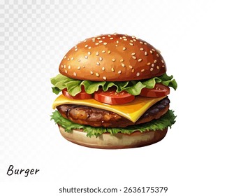 Hambúrguer aquarela com queijo, tomate, cheddar e pão de gergelim, pintado em um estilo realista para comida de lixo e ilustrações de menu. Ilustração vetorial