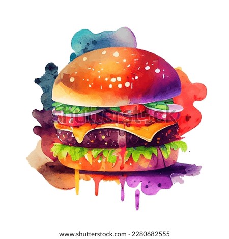 Watercolor burger fastfood hamburger or cheeseburger with meat, onion, tomatoes, cheese, lettuce. Vector mouth-watering fast food meal watercolour hand drawn painting with dynamic dye stains isolated