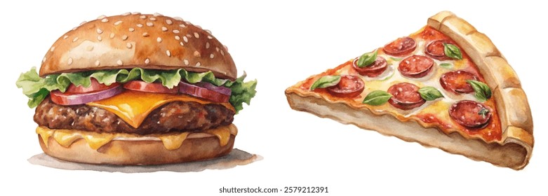 Watercolor burger illustration, delicious pizza slice, vibrant colors, food art, culinary design, appetizing visuals.