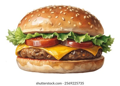 Watercolor burger illustration, sesame seed bun, fresh lettuce, ripe tomatoes, melted cheese, delicious fast food.