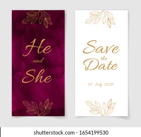 Watercolor burgundy background with golden leaves. Bright wedding invitation, celebration, save the date. Fashionable design in a contemporary style. Hand painted paints. 