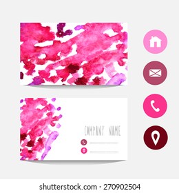 Watercolor business card template, design element. Can be used also for greeting cards, banners, invitations. Vectorized watercolor background