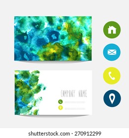 Watercolor business card template, design element. Can be used also for greeting cards, banners, invitations. Vectorized watercolor background
