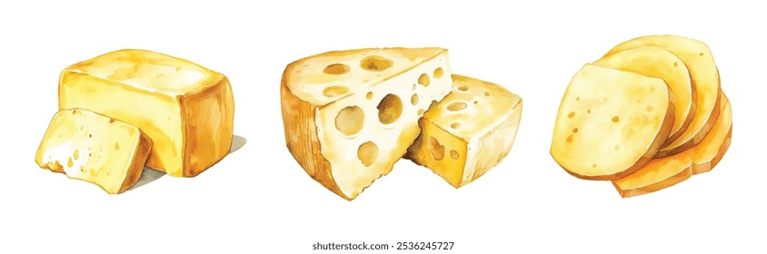 Watercolor Butter, Swiss Cheese, and Sliced Provolone Cheese. Hand Painted Dairy Food Set Isolated on White Background.