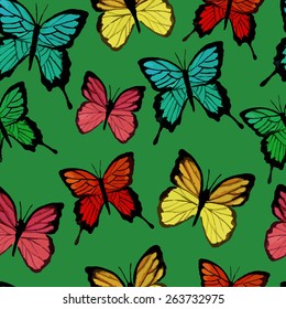 Watercolor butterflies green pattern. Vector illustration.