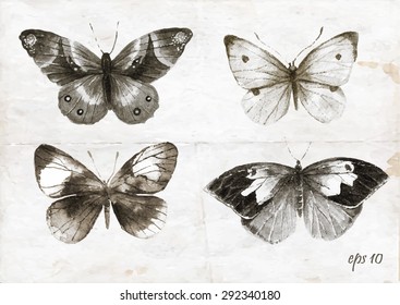 Watercolor butterflies. Hand drawing illustration. Retro style