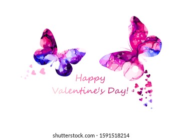 Watercolor butterflies and hearts. Happy Valentine's Day. Mixed media. Vector illustration