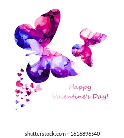 Watercolor butterflies and hearts. Happy Valentine's Day. Mixed media. Vector illustration