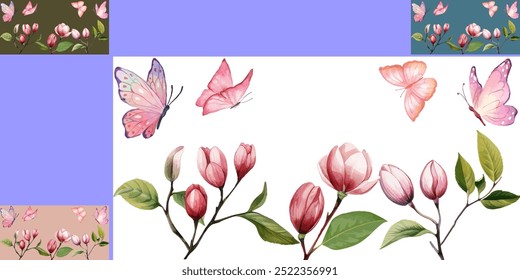 watercolor butterflies and pink flowers