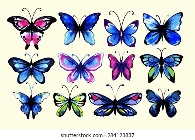 Watercolor butterflies set. Handdrawn. Isolated.  Cold colors.