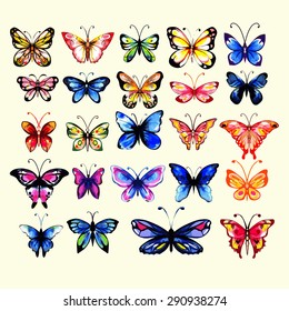 Watercolor butterflies set. Handdrawn. Isolated.  Cold and warm colors.