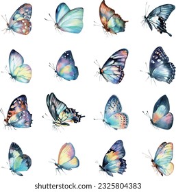 Mariposas acuarelas aisladas en un fondo blanco. Ilustración dibujada a mano.