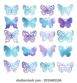 WATERCOLOR BUTTERFLIES Silhouettes Of Beautiful Summer Purple Tropical Insects On White Background Hand Drawn Cartoon Clipart Vector Illustration Set For Print