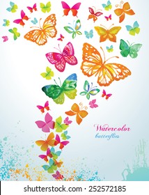 Watercolor butterflies and splash. Vector background.