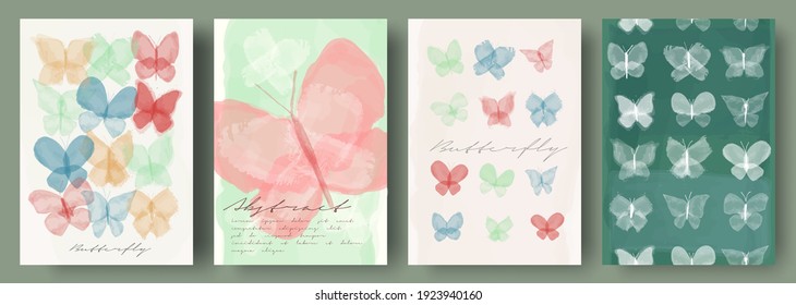 Watercolor butterflies, vector , brush strokes. Set of creative minimalist hand painted illustrations for wall decoration. Pastel colors. Handwritten inscriptions. 