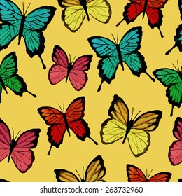 Watercolor butterflies yellow pattern. Vector illustration.