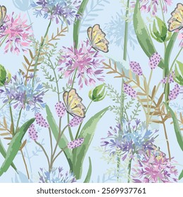 Watercolor butterfly in floral flower garden seamless pattern