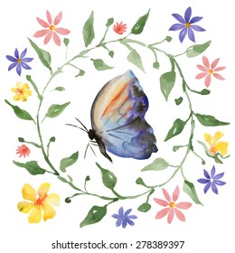 watercolor butterfly and floral set isolated on white background. hand painted green leaves, flowers and branches. vector  illustration